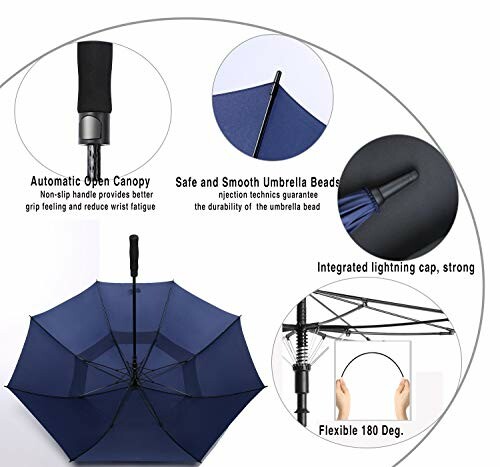 Blue umbrella with features like automatic open canopy, safe beads, integrated lightning cap, and flexible frame.