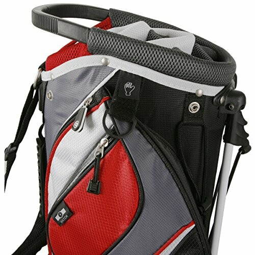 Closeup of a red and gray golf bag with multiple pockets.