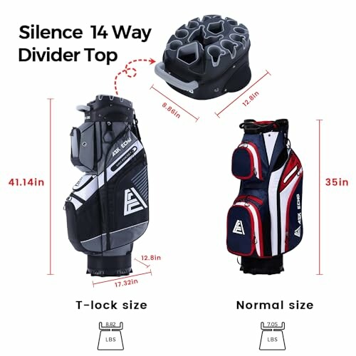 Comparison of golf bags with dimensions and divider top view.