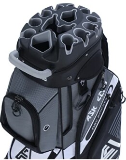 Golf bag with multiple club dividers and pockets.