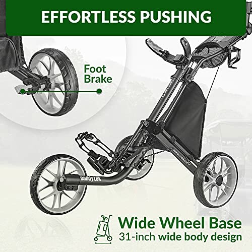 Golf cart with foot brake and wide wheel base design.