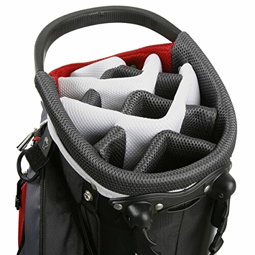 Top view of a golf club bag with multiple compartments.