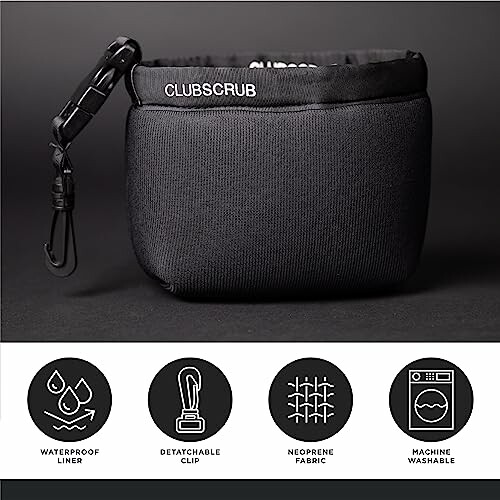 Golf club cleaning pouch with detachable clip and waterproof liner.