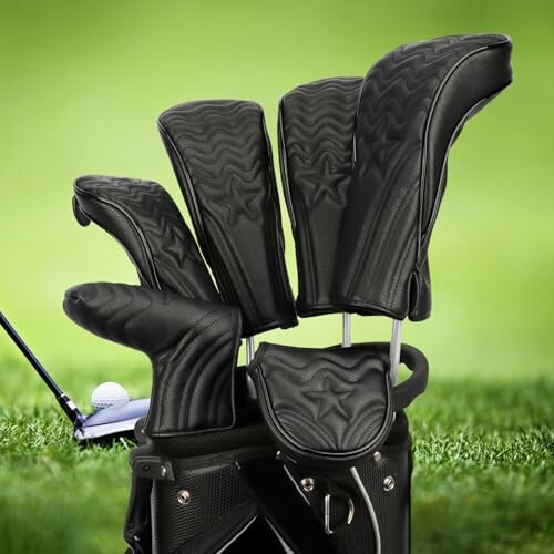 Golf club headcovers for various clubs in a stylish bag