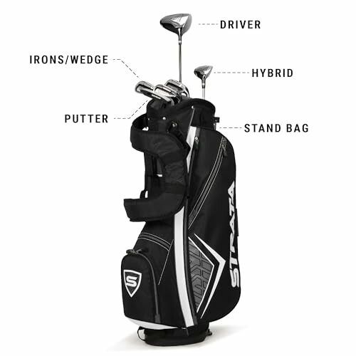 Golf club set with driver, irons, wedge, hybrid, putter, and stand bag.