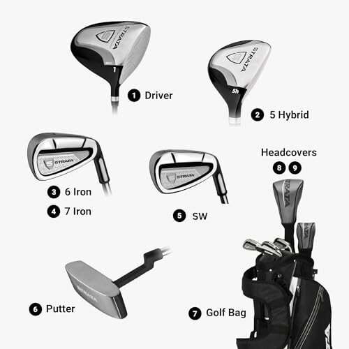 Golf club set with driver, hybrid, irons, putter, and bag.