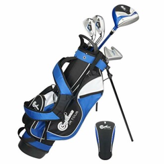 Golf club set with blue and black bag and head covers