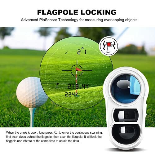 Golf rangefinder with flagpole locking feature and PinSensor technology.