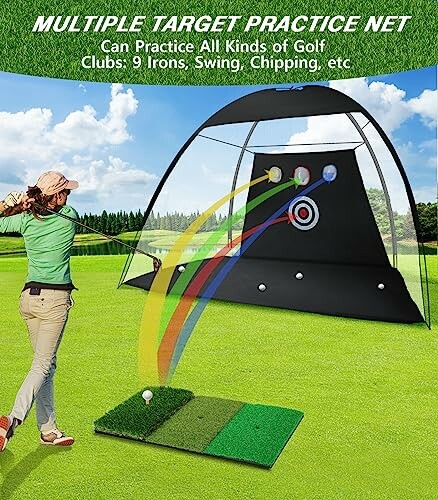 Golfer practicing with a target practice net on a grassy field.