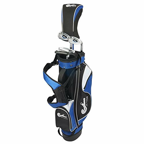 Junior golf club set with blue and black bag.