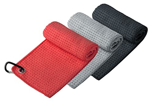 Three rolled microfiber golf towels in red, gray, and black