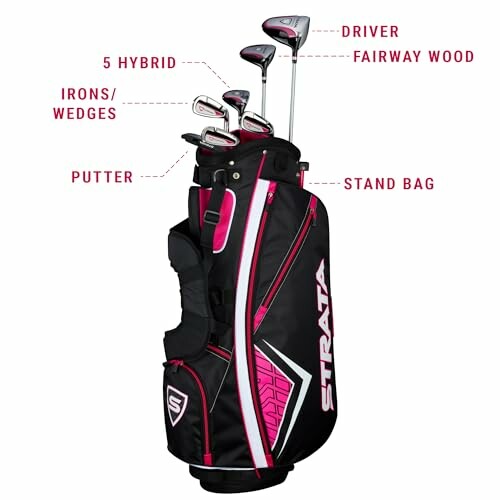 Women's golf club set with stand bag, including driver, fairway wood, hybrid, irons, wedges, and putter.